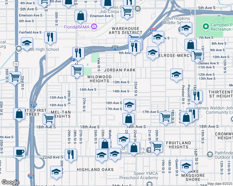 map of restaurants, bars, coffee shops, grocery stores, and more near 2430 14th Avenue South in St. Petersburg
