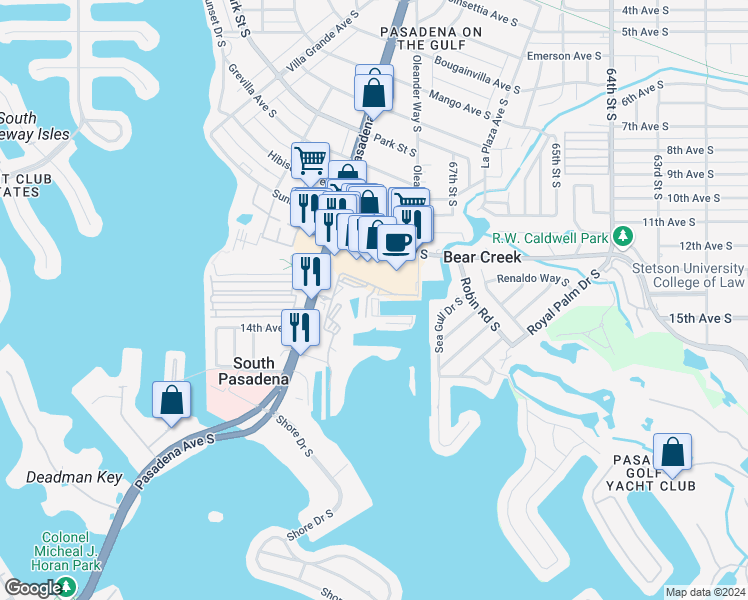 map of restaurants, bars, coffee shops, grocery stores, and more near 6810 Gulfport Boulevard South in St. Petersburg