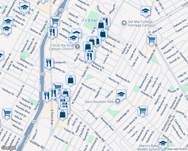 map of restaurants, bars, coffee shops, grocery stores, and more near 238 Ellis Drive in Corpus Christi