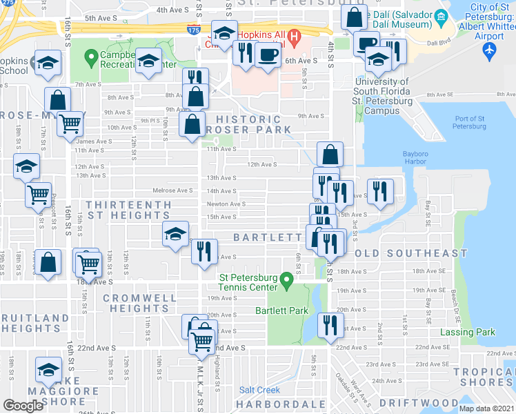 map of restaurants, bars, coffee shops, grocery stores, and more near 696 Newton Avenue South in St. Petersburg