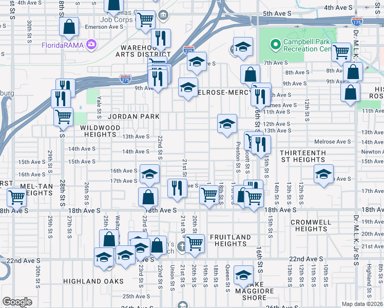 map of restaurants, bars, coffee shops, grocery stores, and more near 2035 15th Avenue South in St. Petersburg