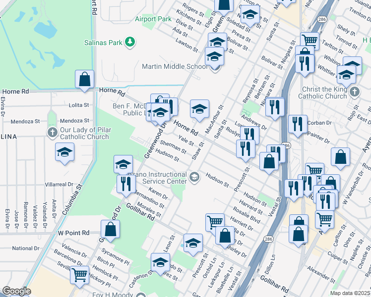 map of restaurants, bars, coffee shops, grocery stores, and more near 4133 Shaw Street in Corpus Christi