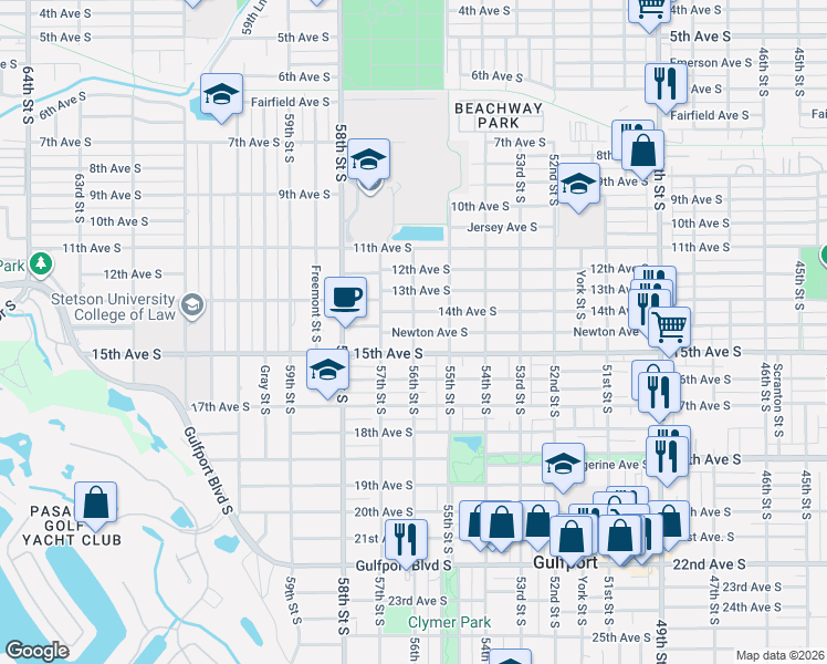 map of restaurants, bars, coffee shops, grocery stores, and more near 56th St S & Newton Ave S in Gulfport