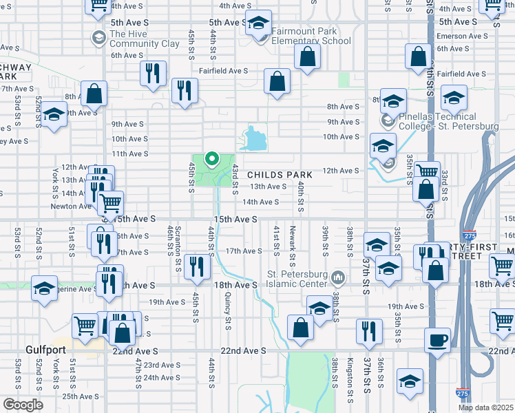 map of restaurants, bars, coffee shops, grocery stores, and more near 4200 14th Avenue South in Saint Petersburg