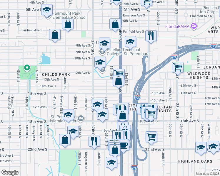 map of restaurants, bars, coffee shops, grocery stores, and more near 3499 15th Avenue South in St. Petersburg