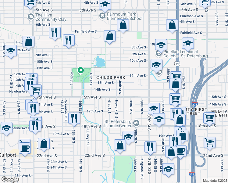 map of restaurants, bars, coffee shops, grocery stores, and more near 4101 15th Avenue South in St. Petersburg