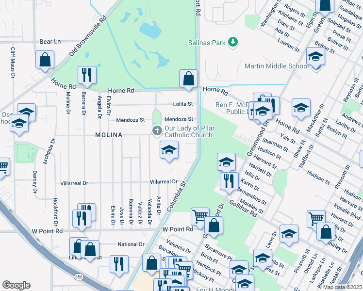 map of restaurants, bars, coffee shops, grocery stores, and more near 1205 Imperial Circle in Corpus Christi