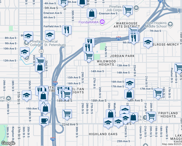 map of restaurants, bars, coffee shops, grocery stores, and more near 1428 28th Street South in St. Petersburg