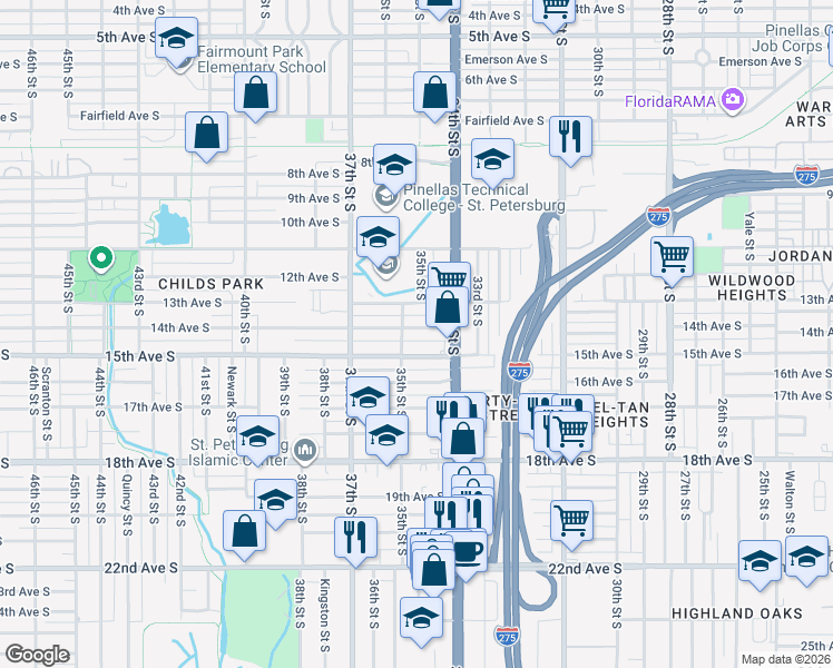 map of restaurants, bars, coffee shops, grocery stores, and more near 3499 15th Avenue South in St. Petersburg