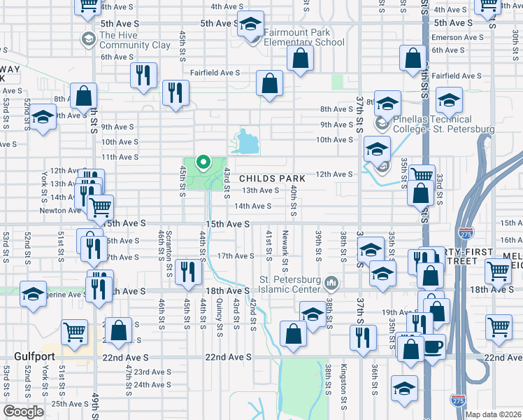 map of restaurants, bars, coffee shops, grocery stores, and more near 4101 15th Avenue South in St. Petersburg