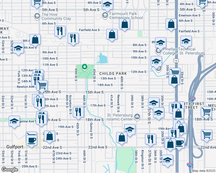 map of restaurants, bars, coffee shops, grocery stores, and more near 4101 15th Avenue South in St. Petersburg