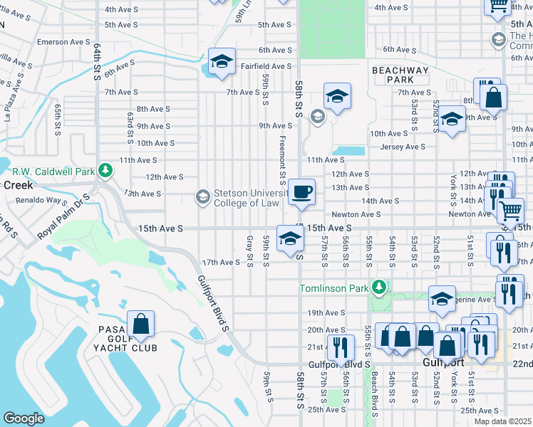 map of restaurants, bars, coffee shops, grocery stores, and more near 1413 59th Street South in Gulfport