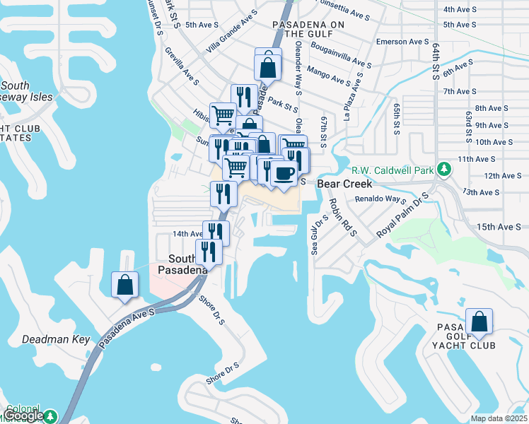 map of restaurants, bars, coffee shops, grocery stores, and more near 6810 Gulfport Boulevard South in St. Petersburg
