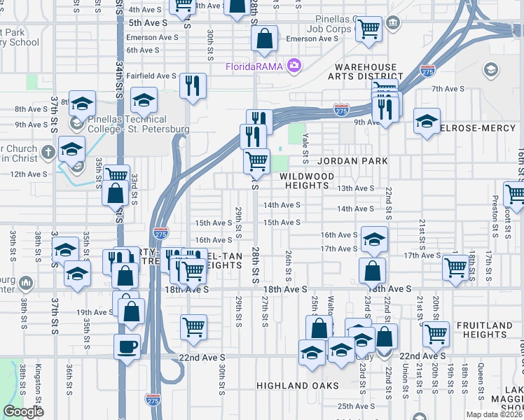 map of restaurants, bars, coffee shops, grocery stores, and more near 1400 28th Street South in St. Petersburg
