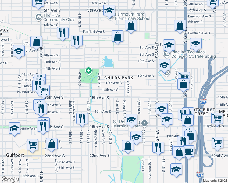 map of restaurants, bars, coffee shops, grocery stores, and more near 4101 15th Avenue South in St. Petersburg