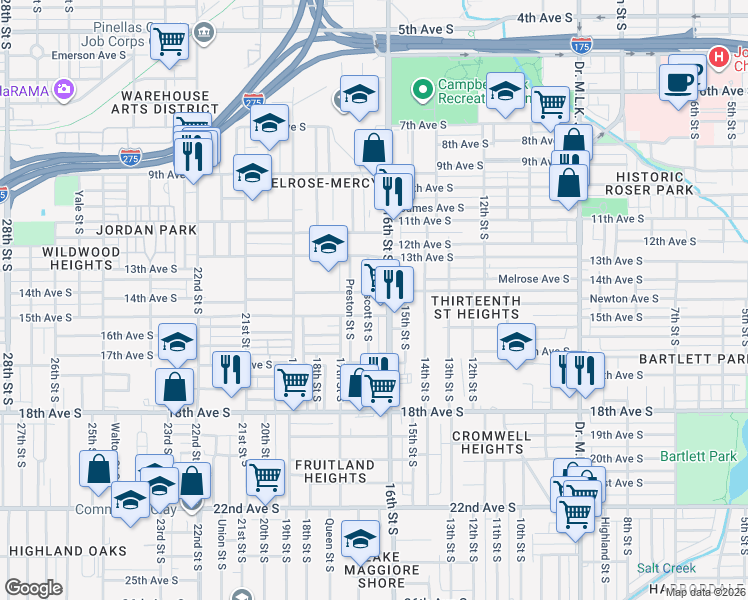 map of restaurants, bars, coffee shops, grocery stores, and more near 1435 Prescott Street South in St. Petersburg
