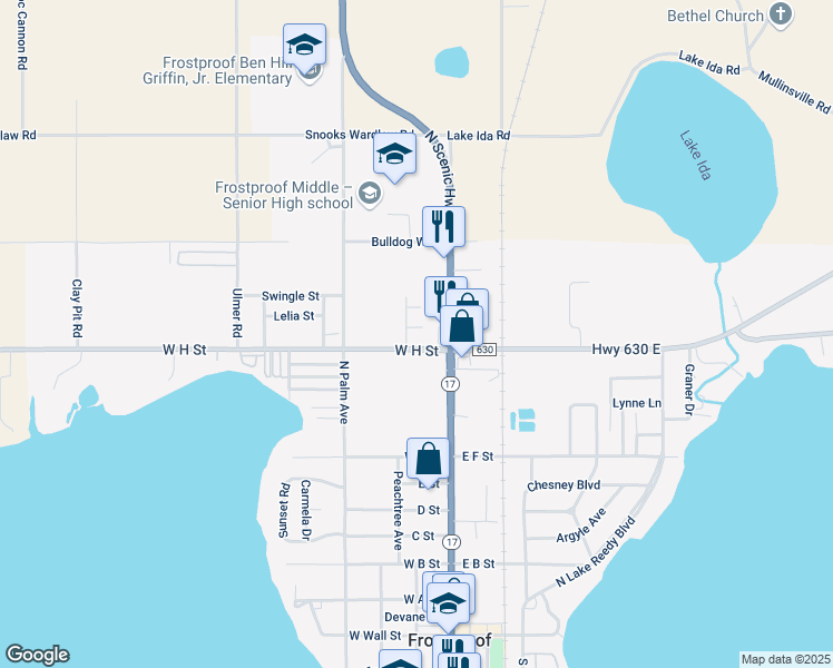 map of restaurants, bars, coffee shops, grocery stores, and more near 1 Colony Avenue in Frostproof