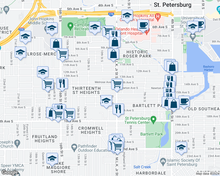 map of restaurants, bars, coffee shops, grocery stores, and more near 931 Newton Avenue South in Saint Petersburg