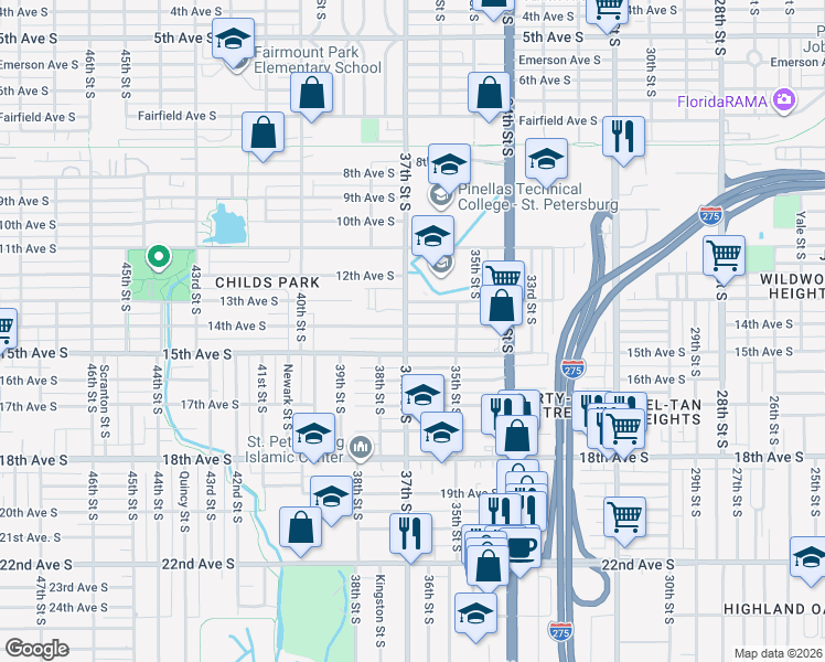 map of restaurants, bars, coffee shops, grocery stores, and more near 1400 37th Street South in St. Petersburg