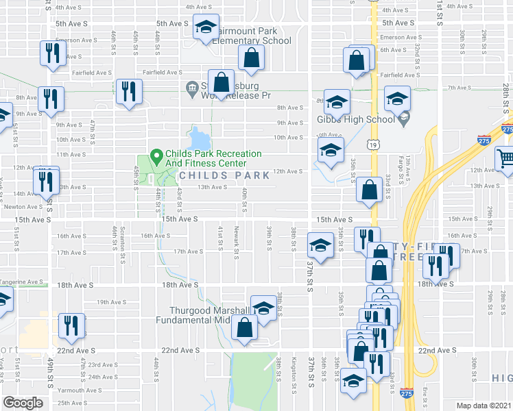 map of restaurants, bars, coffee shops, grocery stores, and more near 3944 14th Avenue South in Saint Petersburg