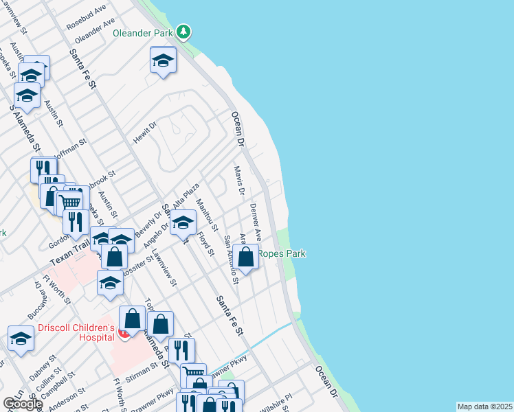 map of restaurants, bars, coffee shops, grocery stores, and more near 200 Santa Barbara Street in Corpus Christi