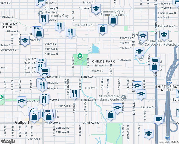 map of restaurants, bars, coffee shops, grocery stores, and more near 1400 43rd Street South in St. Petersburg