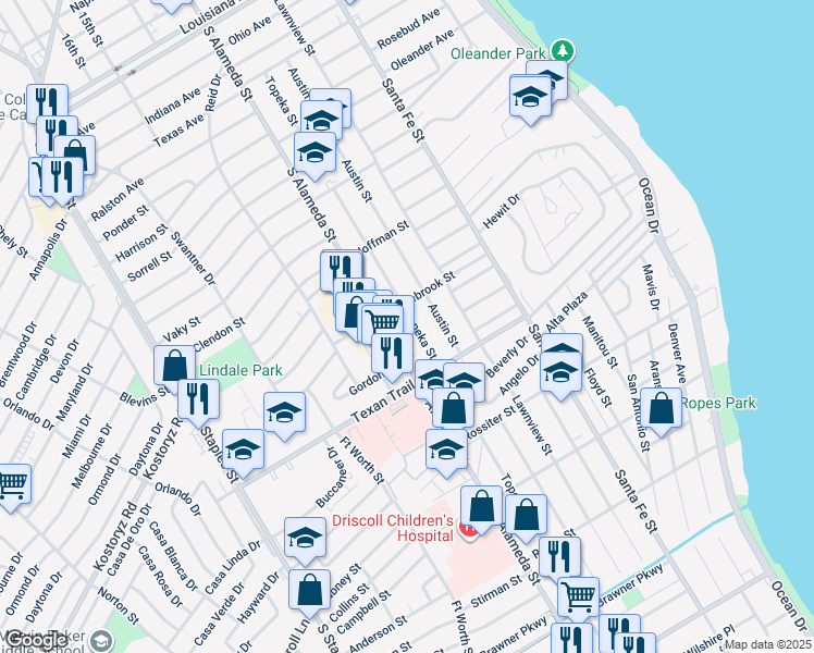 map of restaurants, bars, coffee shops, grocery stores, and more near 3234 South Alameda Street in Corpus Christi