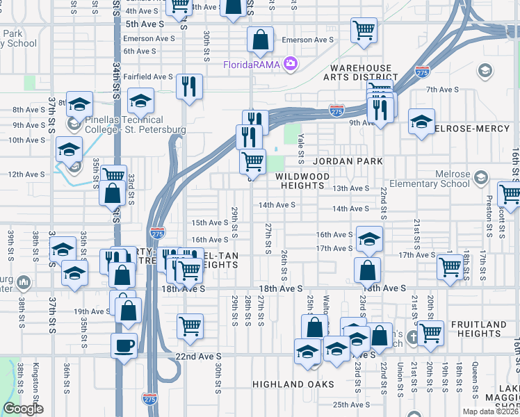 map of restaurants, bars, coffee shops, grocery stores, and more near 1428 28th Street South in St. Petersburg
