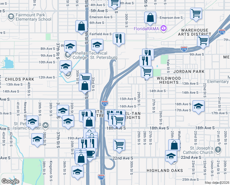 map of restaurants, bars, coffee shops, grocery stores, and more near 1439 31st Street South in St. Petersburg