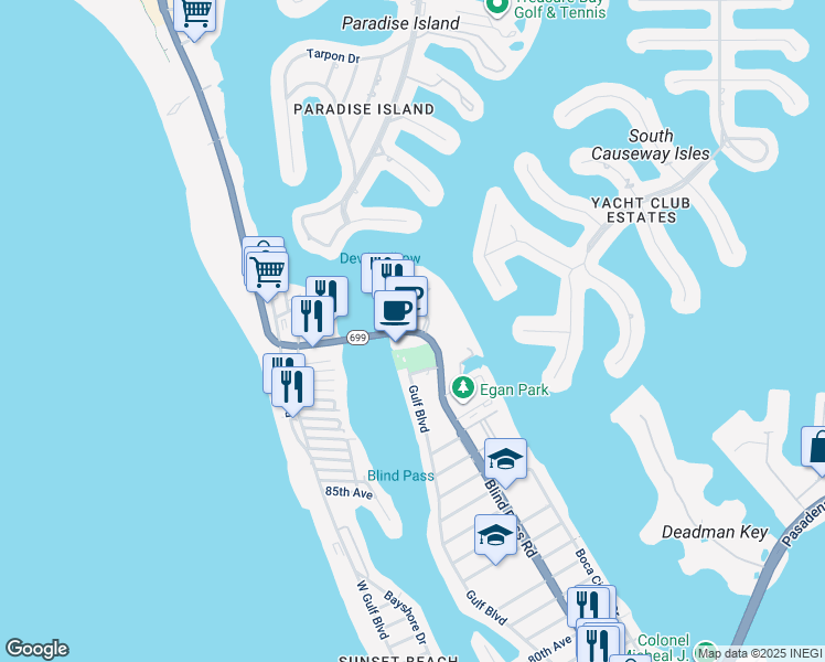 map of restaurants, bars, coffee shops, grocery stores, and more near 9524 Florida 699 in St. Pete Beach