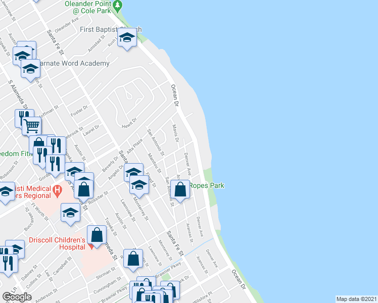 map of restaurants, bars, coffee shops, grocery stores, and more near 200 Santa Barbara Street in Corpus Christi
