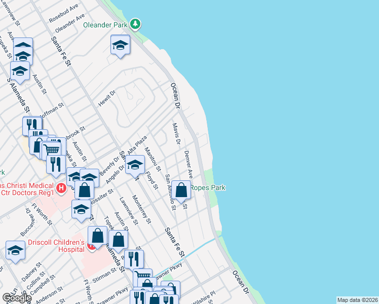 map of restaurants, bars, coffee shops, grocery stores, and more near 200 Santa Barbara Street in Corpus Christi