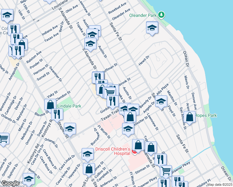 map of restaurants, bars, coffee shops, grocery stores, and more near 3234 South Alameda Street in Corpus Christi