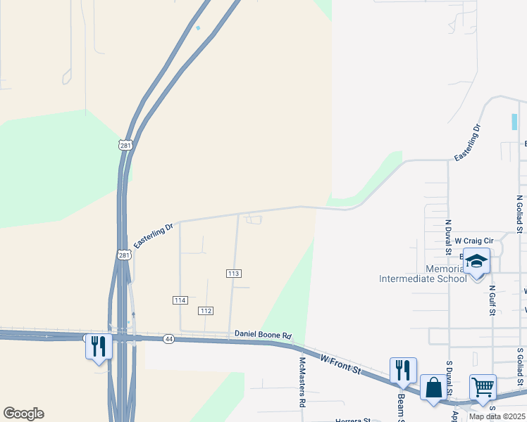 map of restaurants, bars, coffee shops, grocery stores, and more near 250 County Road 113 in Alice