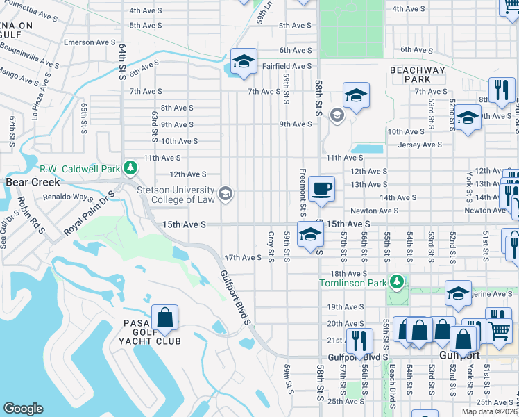 map of restaurants, bars, coffee shops, grocery stores, and more near 1414 60th Street South in Gulfport