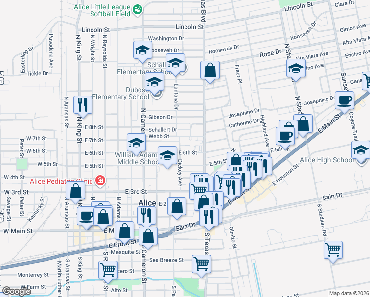 map of restaurants, bars, coffee shops, grocery stores, and more near 1003 East 6th Street in Alice
