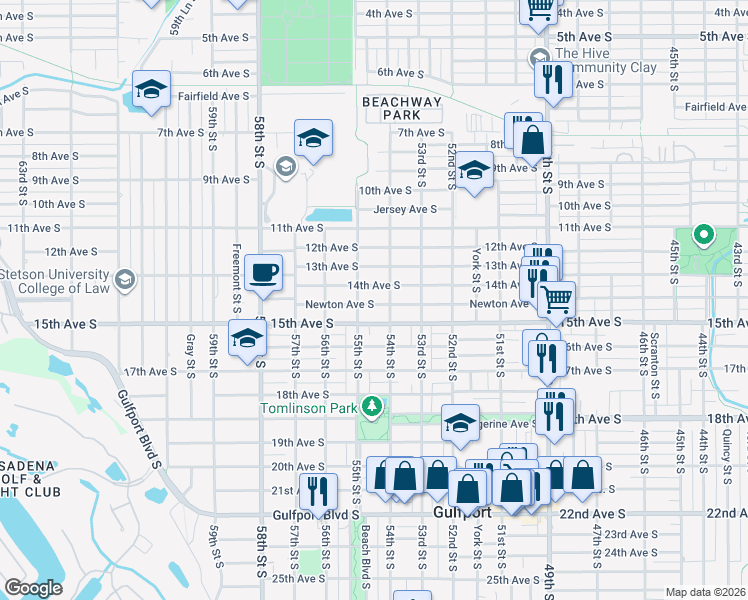 map of restaurants, bars, coffee shops, grocery stores, and more near 5413 Newton Avenue South in Gulfport