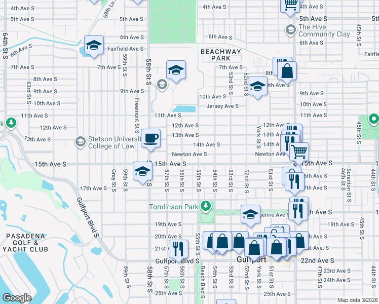 map of restaurants, bars, coffee shops, grocery stores, and more near 5513 Newton Avenue South in Gulfport