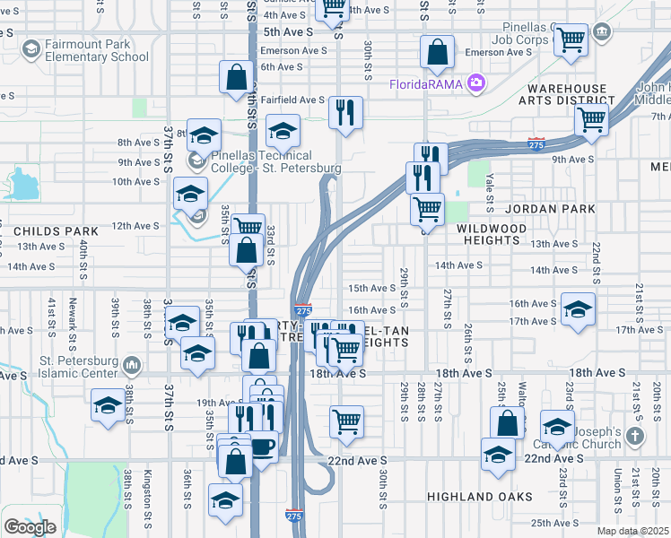 map of restaurants, bars, coffee shops, grocery stores, and more near 1439 31st Street South in St. Petersburg