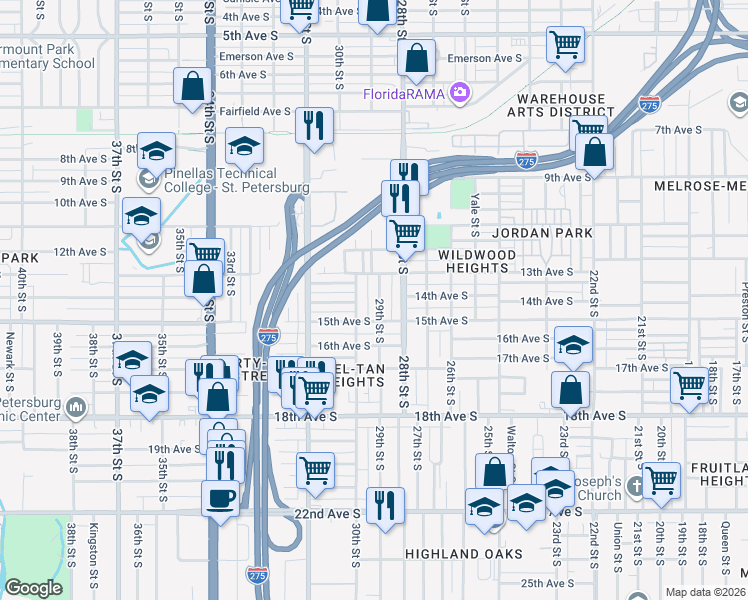 map of restaurants, bars, coffee shops, grocery stores, and more near 1419 29th Street South in St. Petersburg