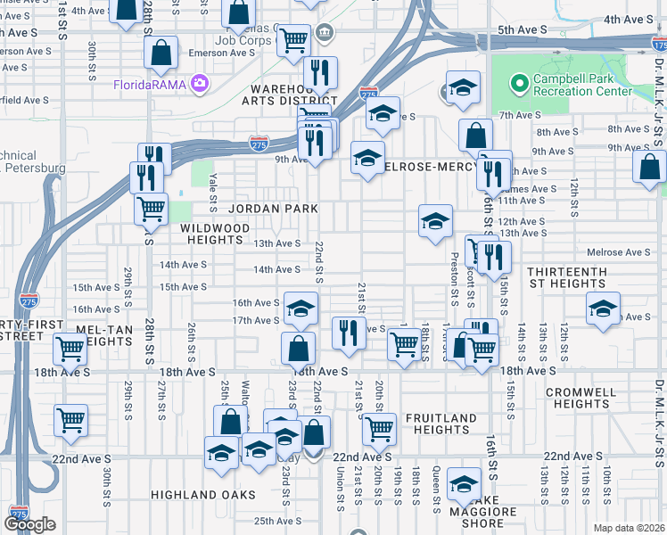 map of restaurants, bars, coffee shops, grocery stores, and more near 2155 14th Avenue South in St. Petersburg