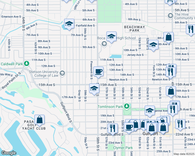 map of restaurants, bars, coffee shops, grocery stores, and more near 1414 58th Street South in Gulfport