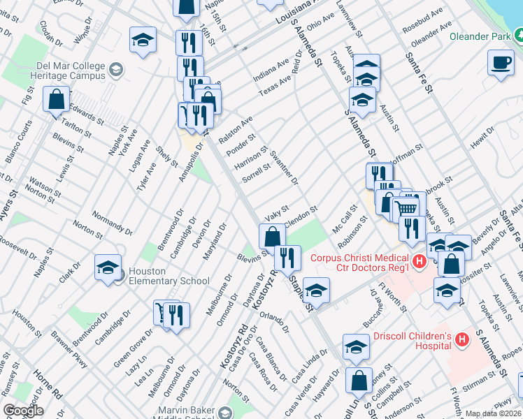map of restaurants, bars, coffee shops, grocery stores, and more near 1049 Vaky Street in Corpus Christi
