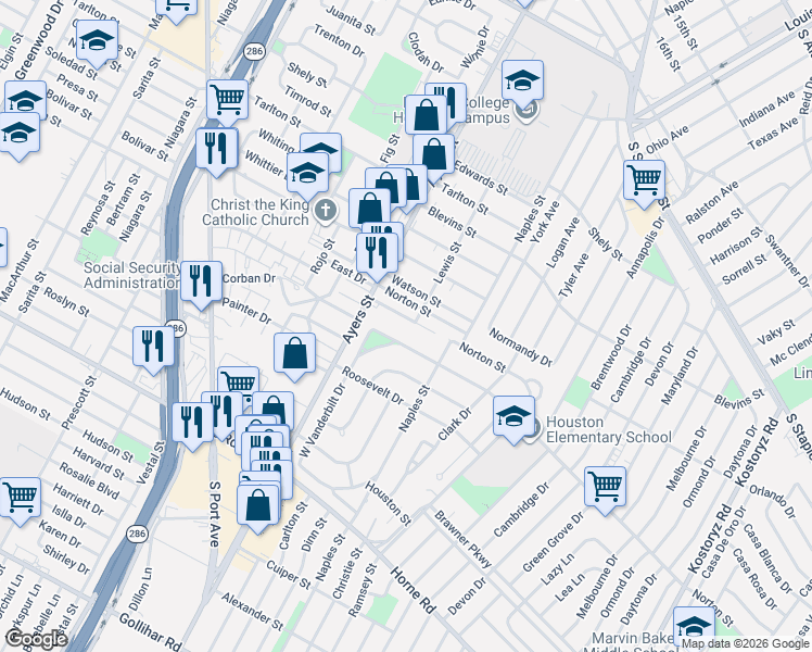 map of restaurants, bars, coffee shops, grocery stores, and more near 238 Ellis Drive in Corpus Christi