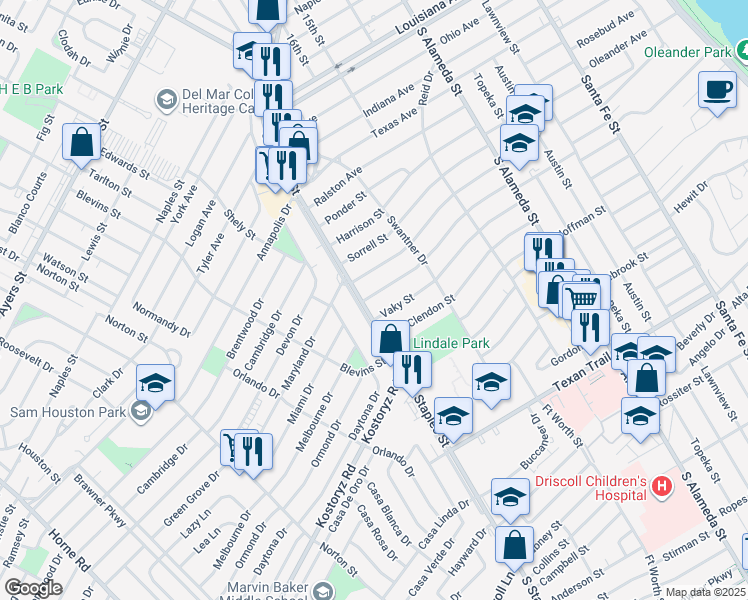 map of restaurants, bars, coffee shops, grocery stores, and more near 1049 Vaky Street in Corpus Christi