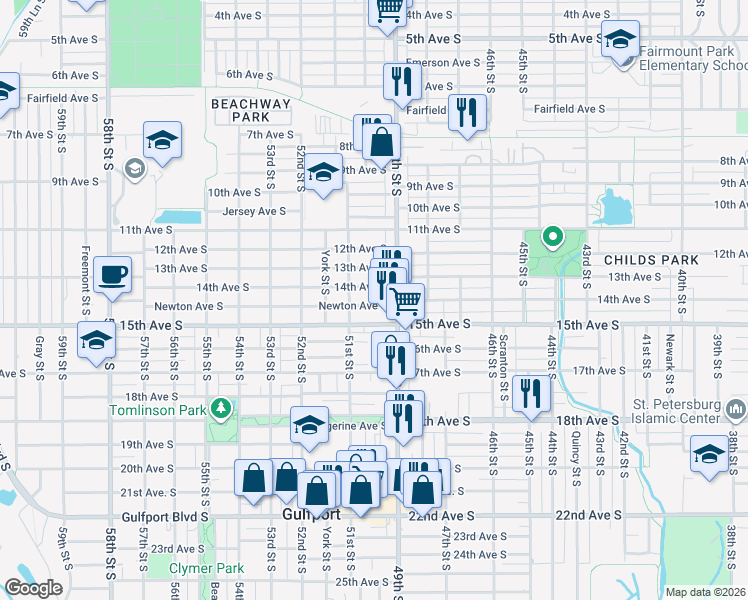 map of restaurants, bars, coffee shops, grocery stores, and more near 4942 Newton Avenue South in Gulfport