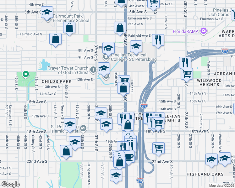 map of restaurants, bars, coffee shops, grocery stores, and more near 3435 15th Avenue South in St. Petersburg