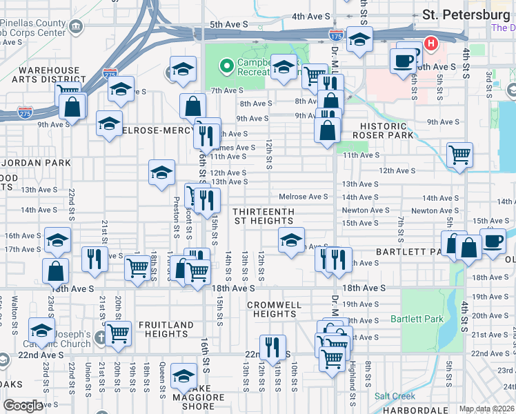 map of restaurants, bars, coffee shops, grocery stores, and more near 1445 12th Street South in St. Petersburg