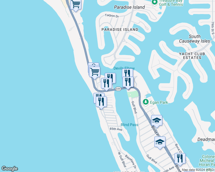 map of restaurants, bars, coffee shops, grocery stores, and more near 9610 Gulf Boulevard in Treasure Island