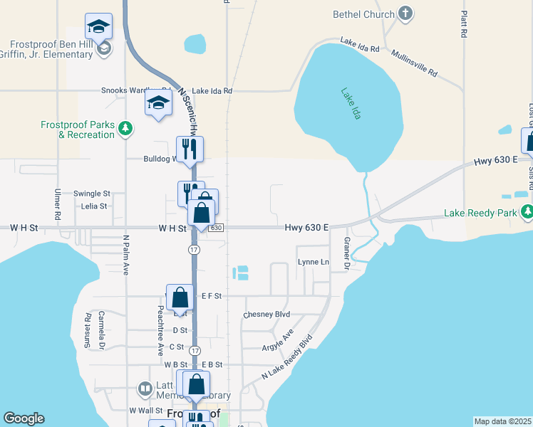 map of restaurants, bars, coffee shops, grocery stores, and more near 500 Central Ridge Lane in Frostproof